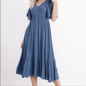 Baltic Born Felicity Smocked Maxi Midi Flutter Dress Blue Size Medium.